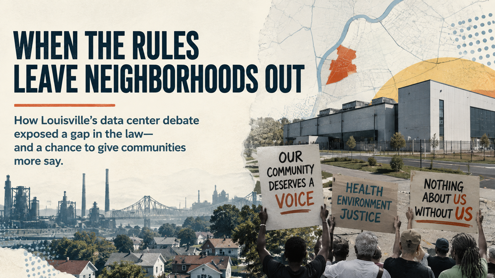 Protest scene with signs in a city, overlaid with headline “When the rules leave neighborhoods out”