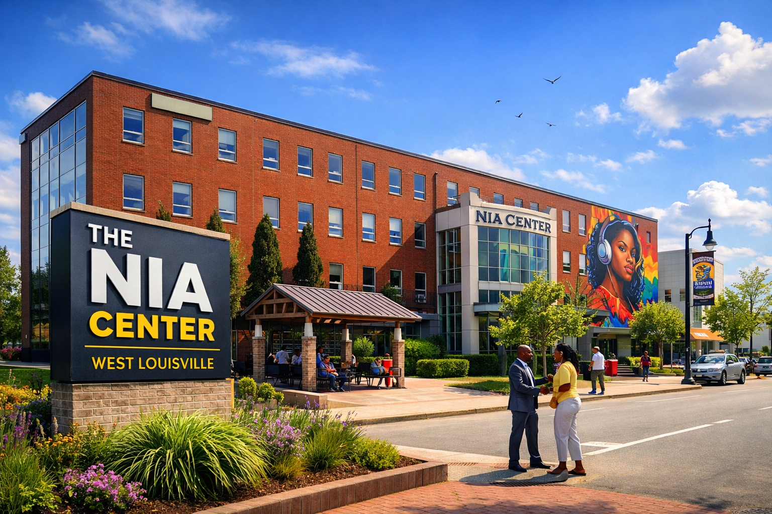 The Nia Center building in West Louisville features a red brick facade, a vibrant mural, and a prominent black sign out front.