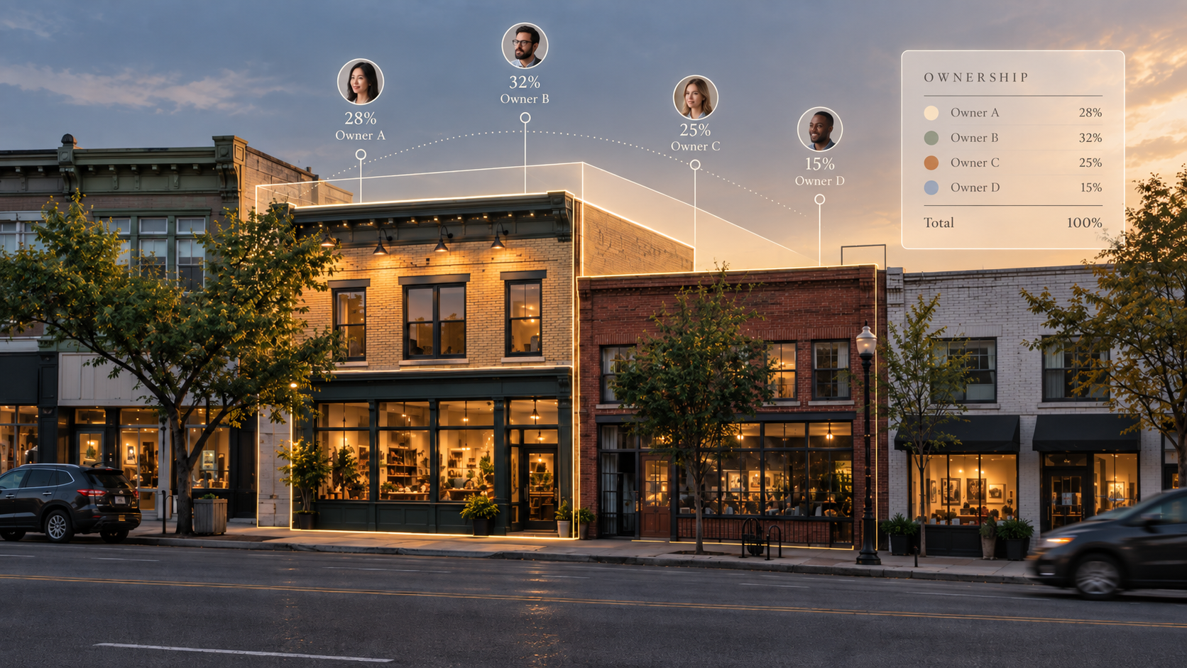 Modern storefronts at dusk with lit windows, trees, parked cars, and floating profile icons over the street.