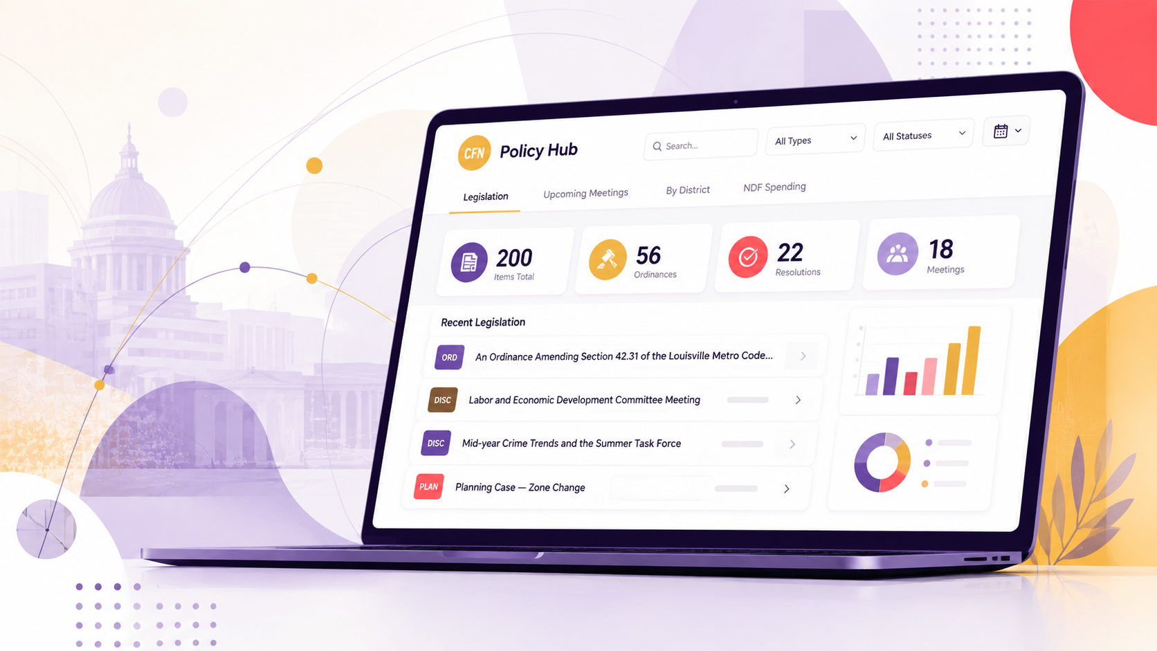 Laptop showing a colorful analytics dashboard with charts, metrics, and a purple gradient background