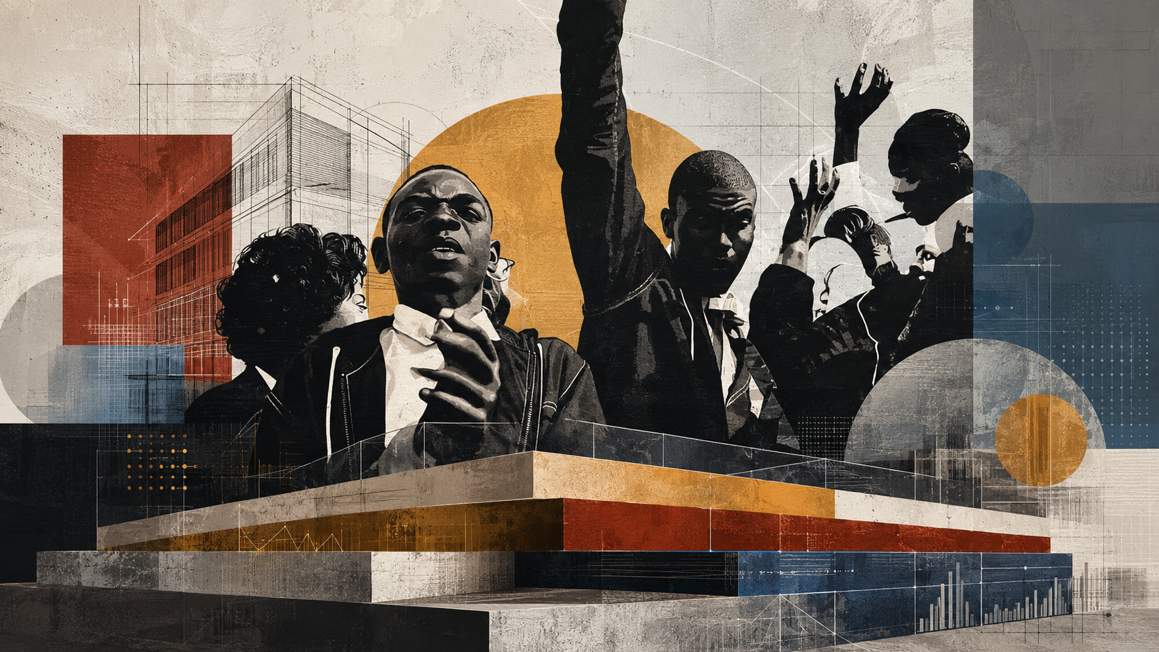 Crowd of protesters raising fists in a stylized urban scene with red and blue geometric blocks