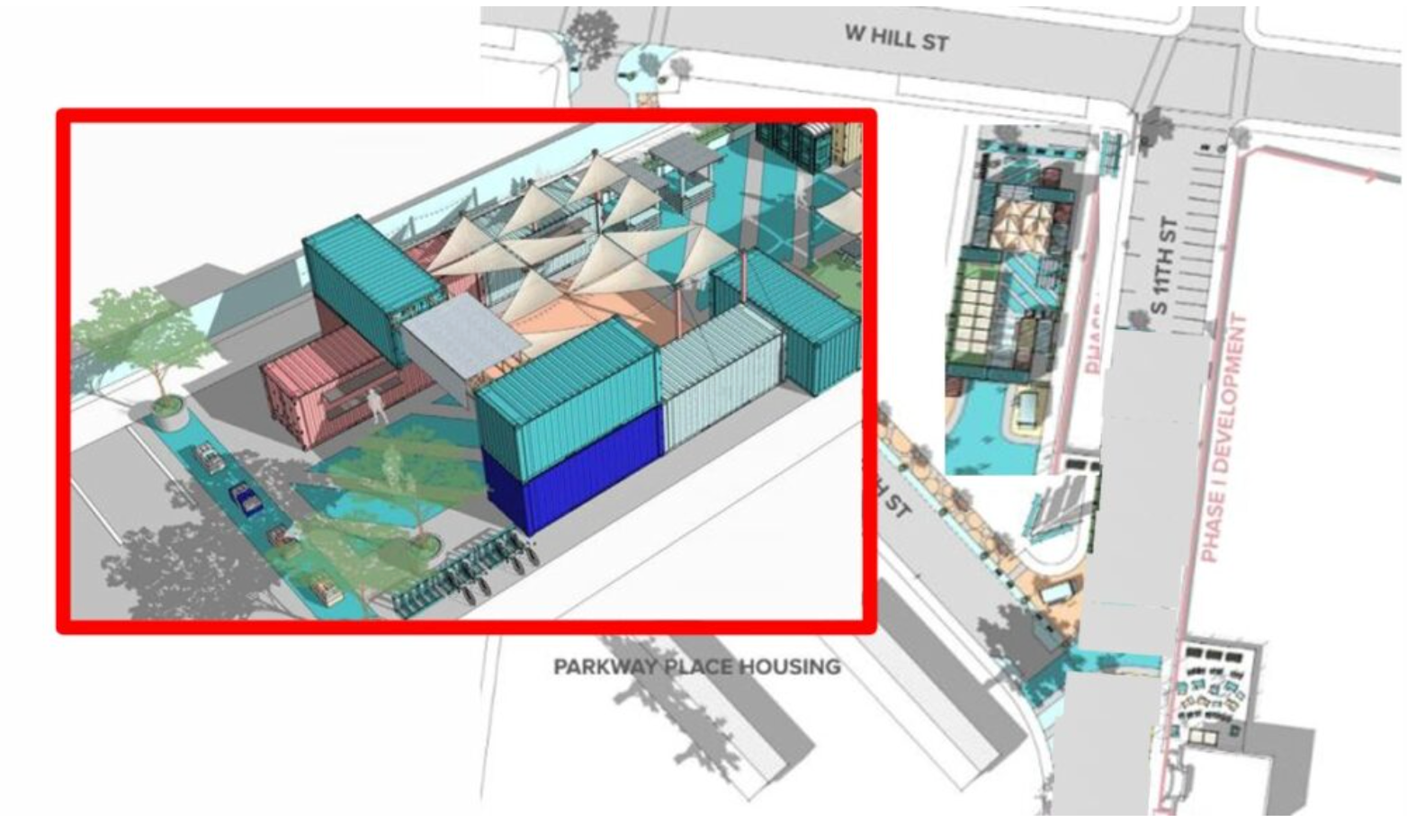 Diagram of a proposed structure made of stacked shipping containers, with surrounding landscaping.