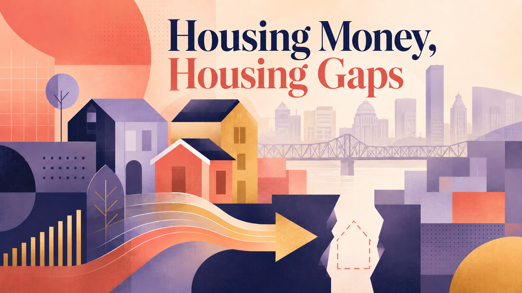 Stylized city skyline with houses, bridge, and a large arrow pointing right over a purple-orange landscape