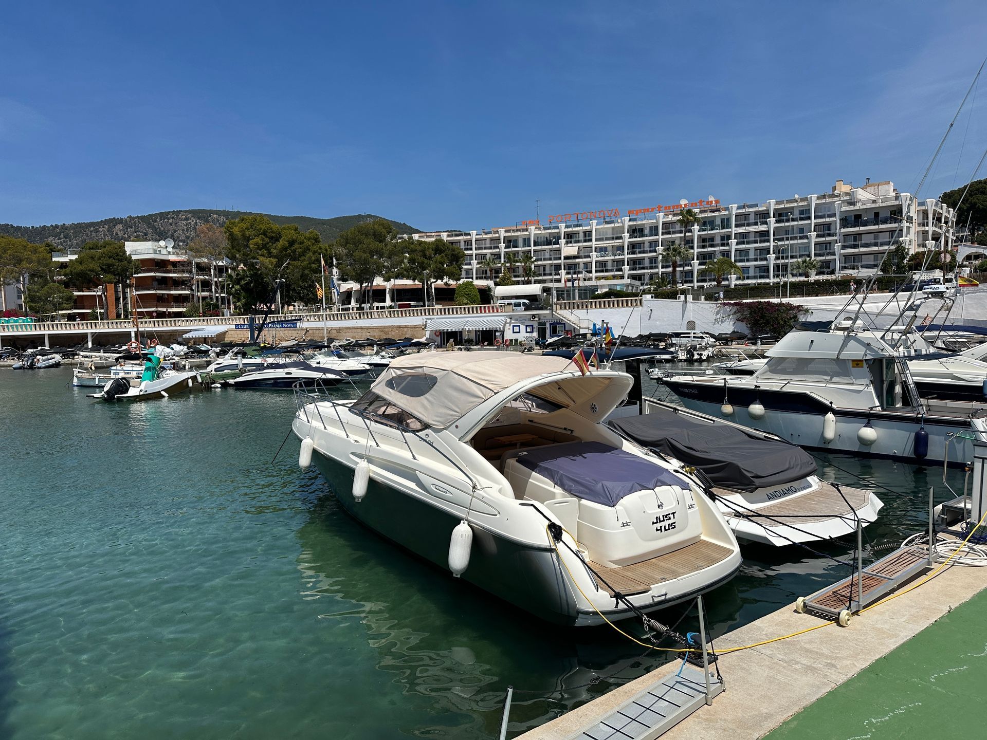 Una fila de barcos están atracados en un puerto deportivo.