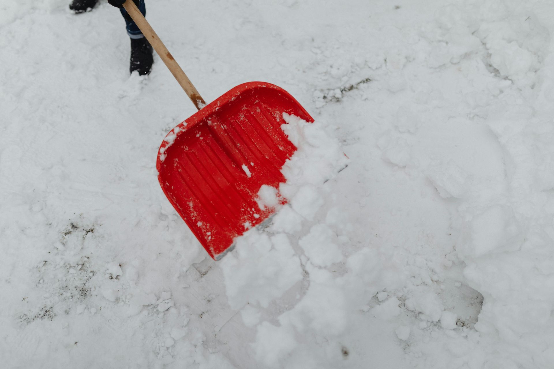Red snow shovel removing snow from concrete walkway for winter hardscape maintenance.