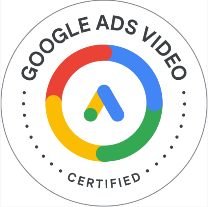Google Ads 影片認證徽章：一個白色圓圈，中心是 Google Ads 徽標，周圍環繞著文字。