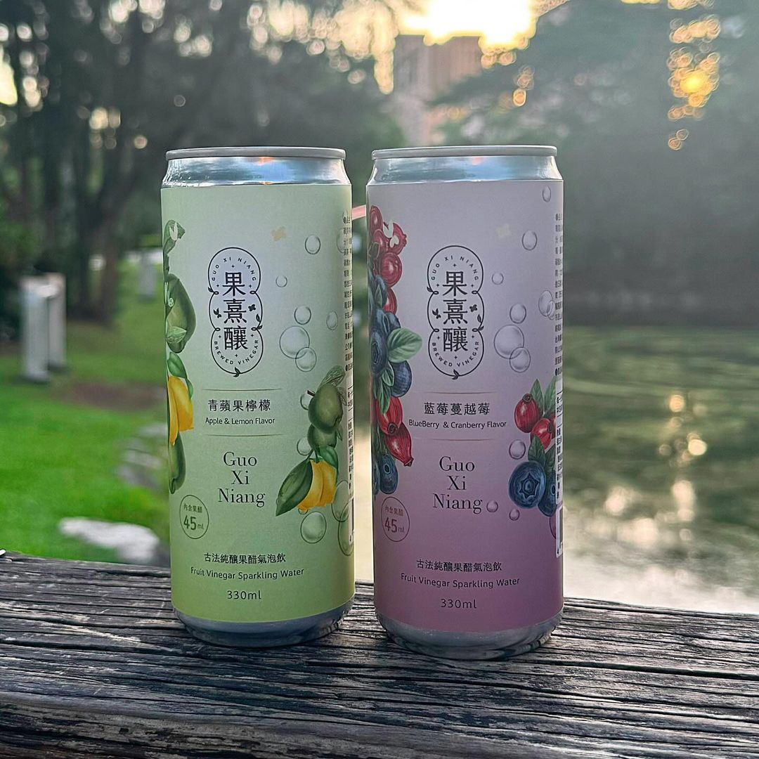 兩罐果味氣泡飲料，一罐綠色，一罐紫色，罐身上都印有水果圖案。擺放在水邊。