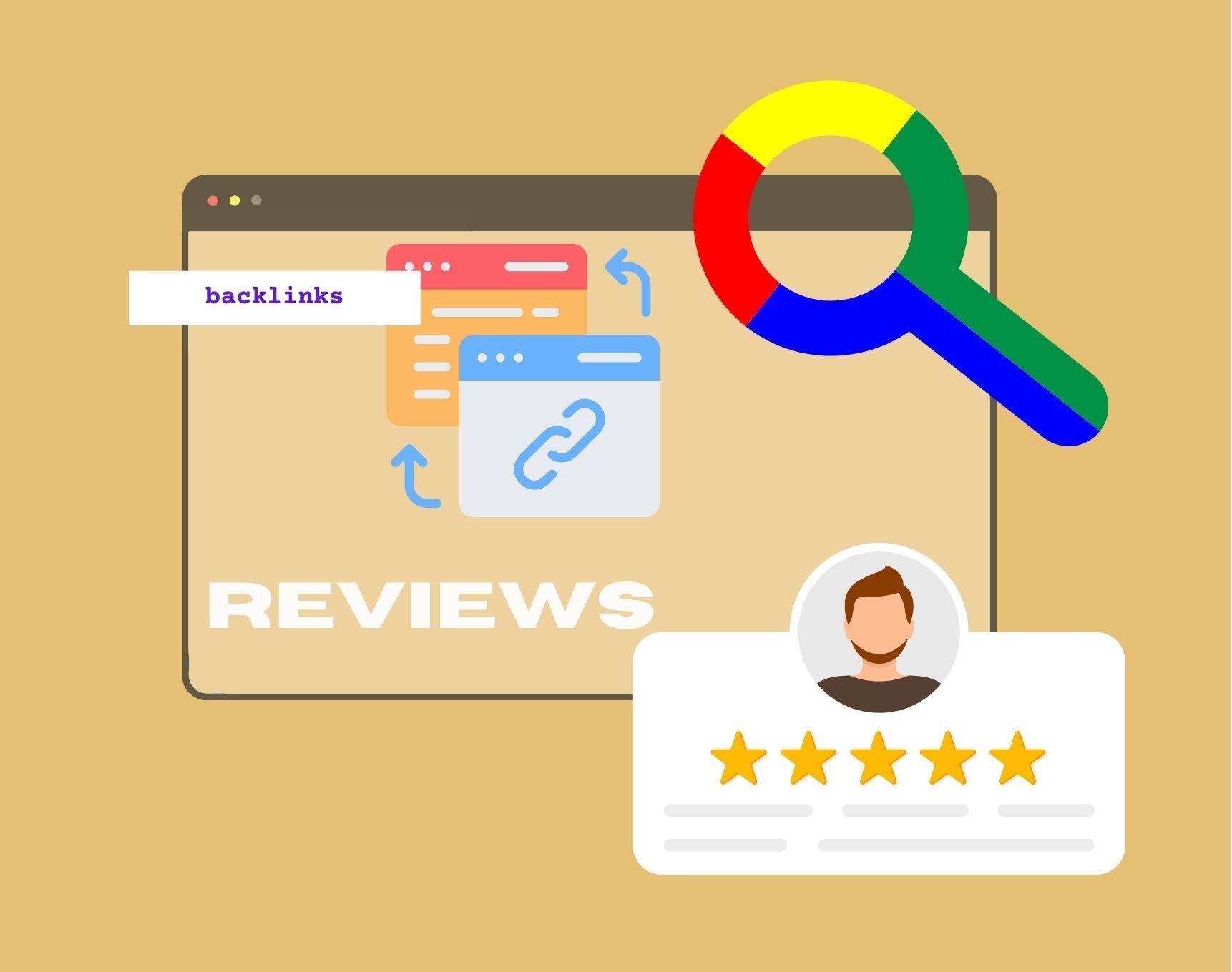 A computer screen with a magnifying glass and a review card.