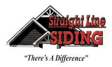 Logo for Straight Line Siding with a house illustration and red text,