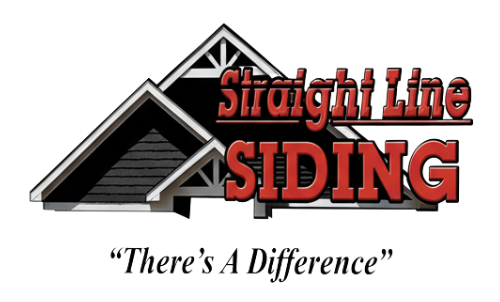 Logo for Straight Line Siding with a house illustration and red text,