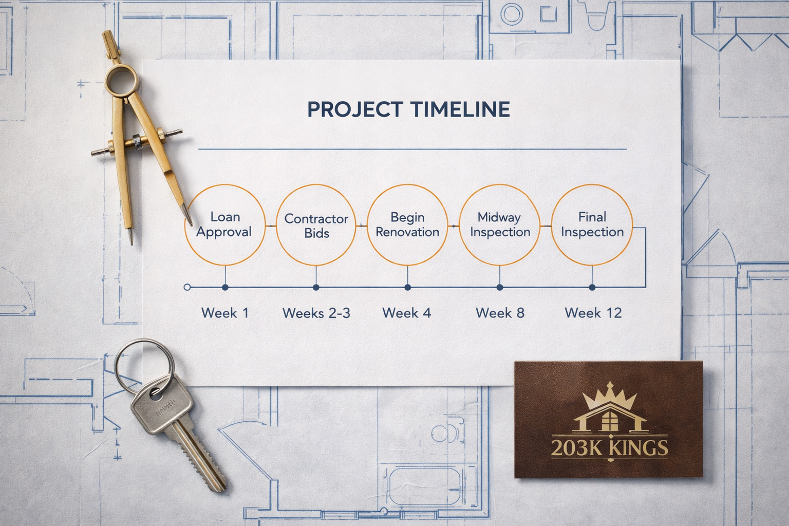 Project timeline on blueprint with compass, key, and logo.