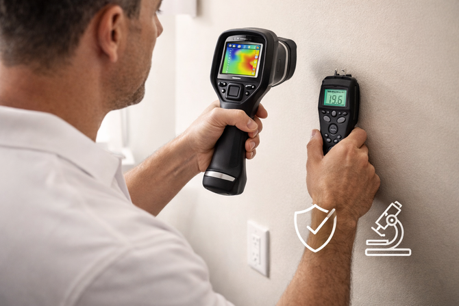 Man uses thermal camera and moisture meter on a wall, inspecting for issues.