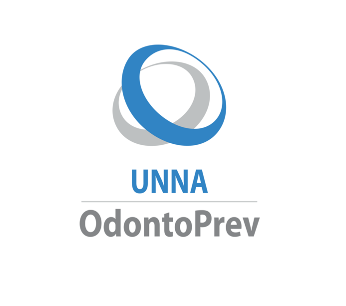 Logotipo da UNNA OdontoPrev: anéis entrelaçados em azul e cinza acima do nome da empresa em azul e cinza.