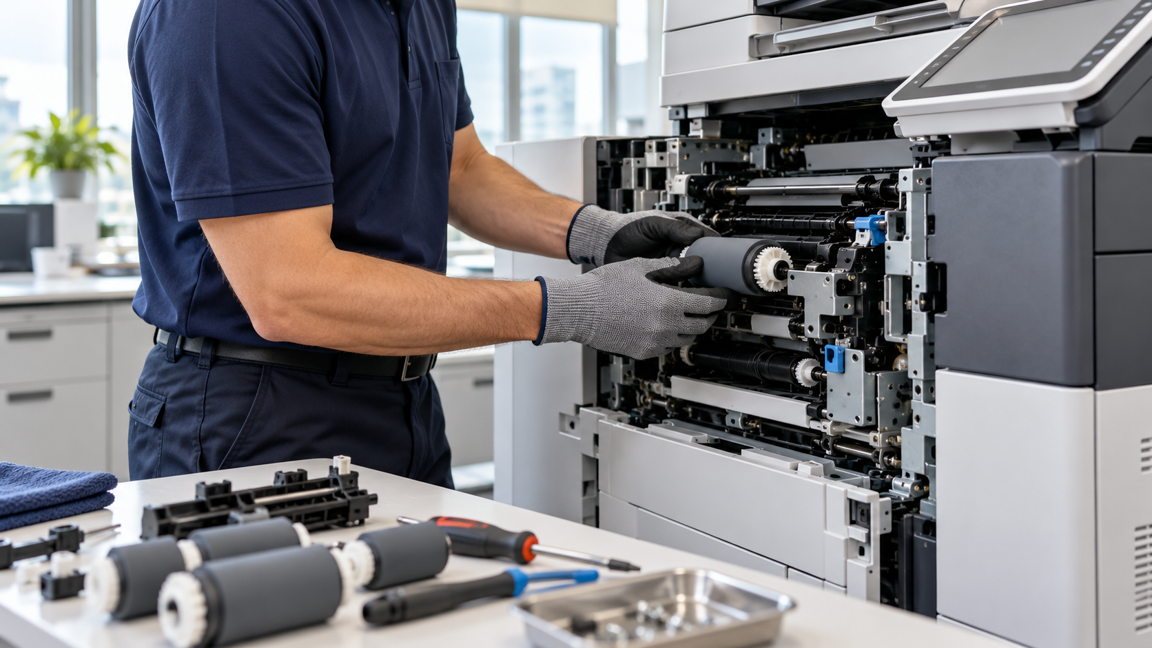 Technician servicing a copier