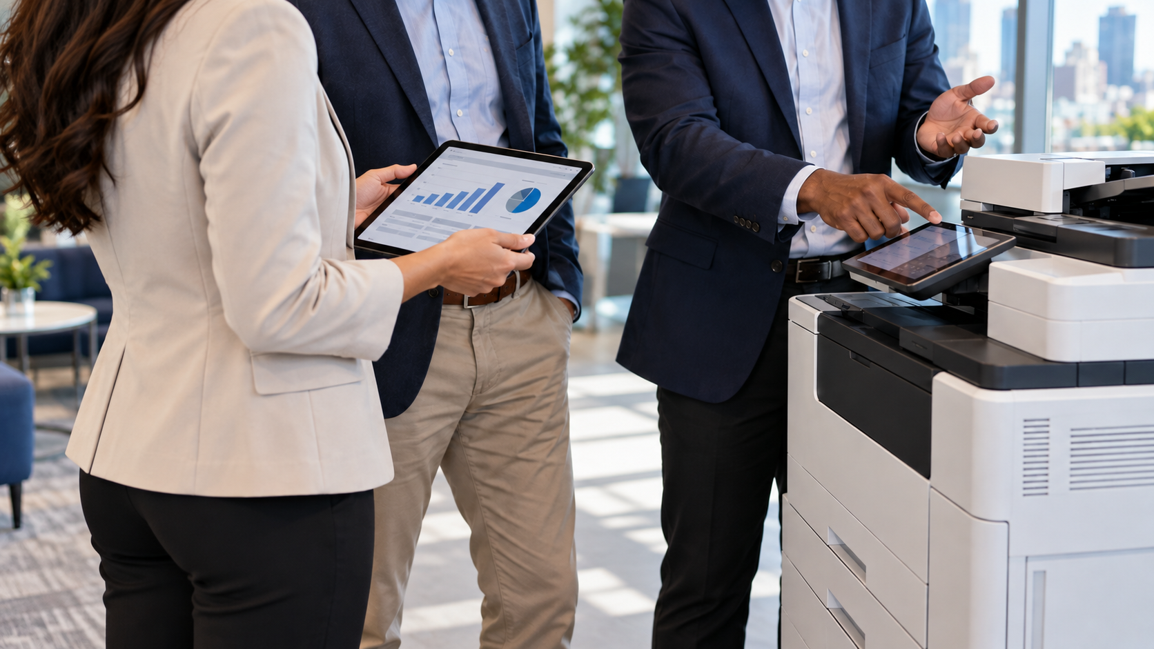 Business meeting about office equipment solutions