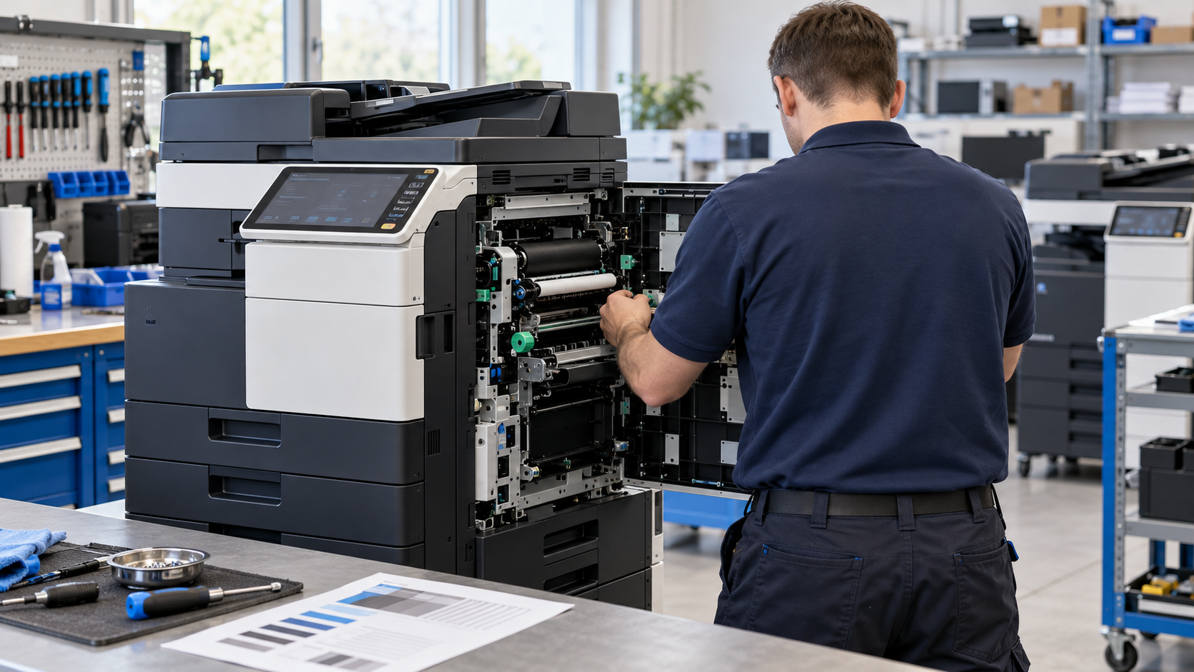 Technician inspecting a refurbished copier