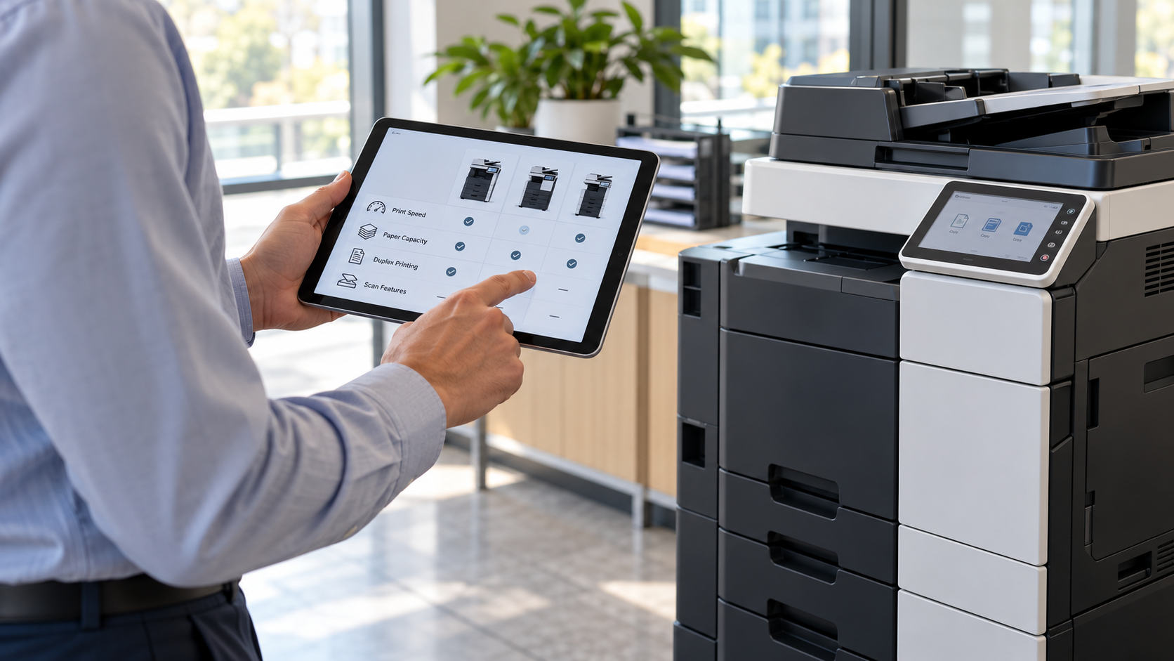 Person using a tablet to control a large office printer in a bright workspace