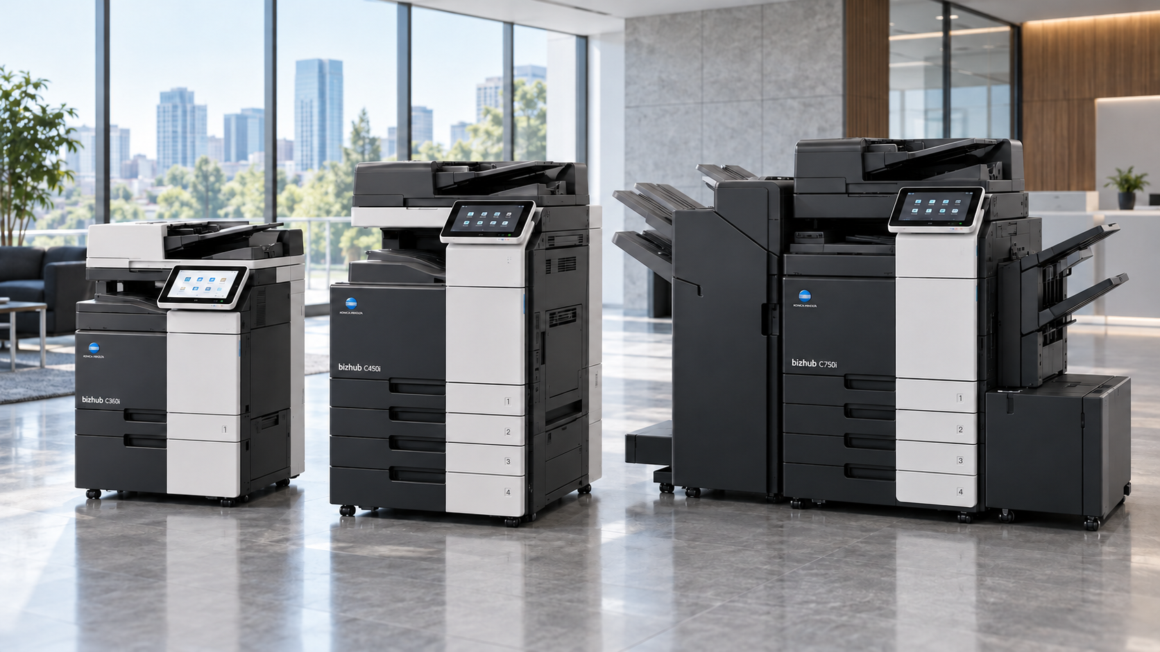 Three office printers/copiers in a modern office with city-view windows