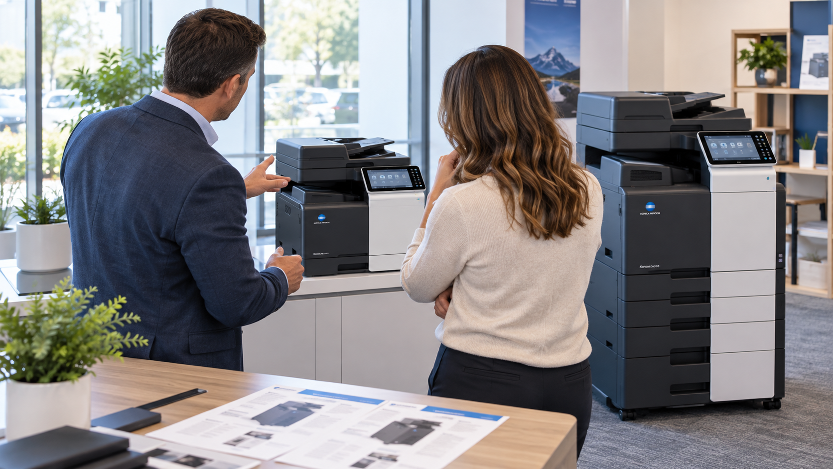 Business professional advising a client on copier options