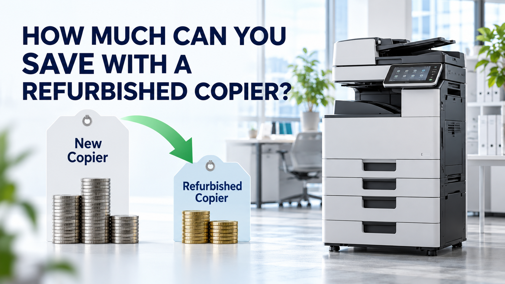 Ad showing refurbished copier savings with stacked coins beside new and refurbished copiers