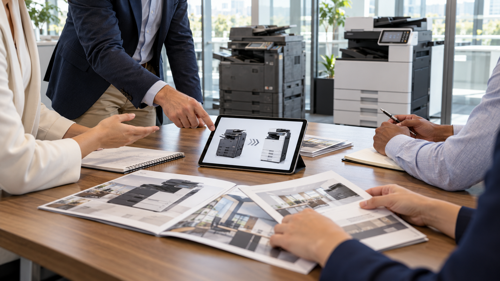 Business team discussing copier trade-in options
