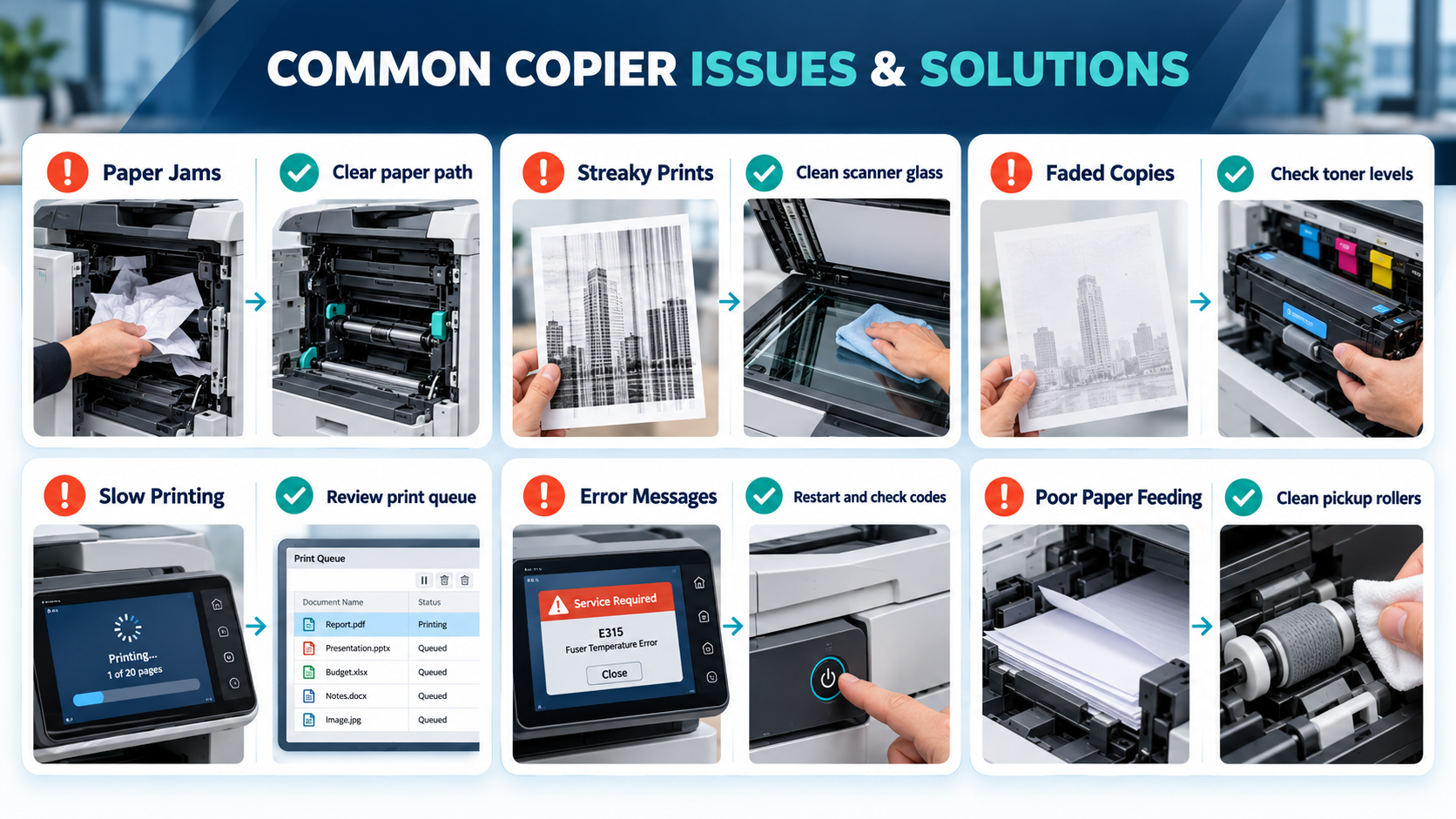 Common copier problems and solutions illustration