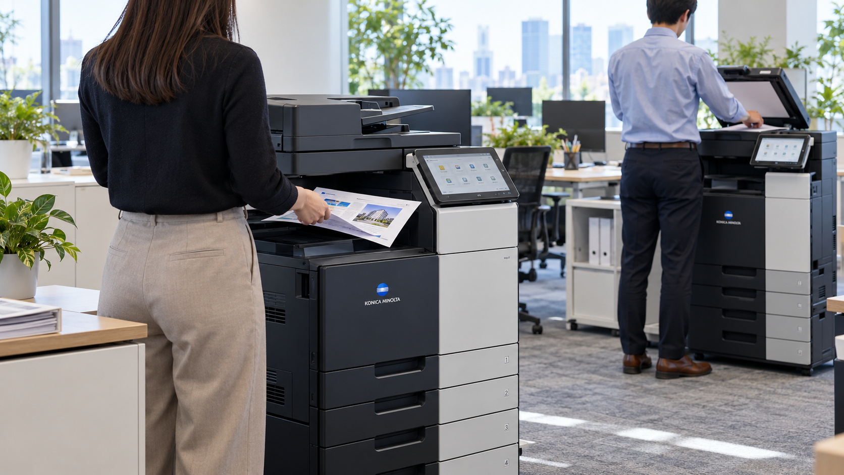 Office setting with Konica copiers in use.