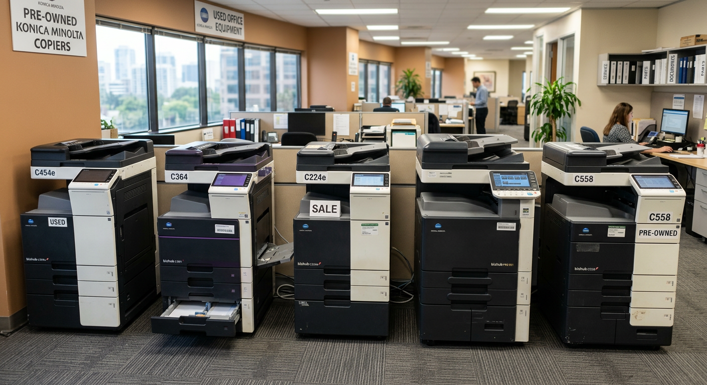 Office hallway lined with several multifunction printers and copiers beside windows and desks.