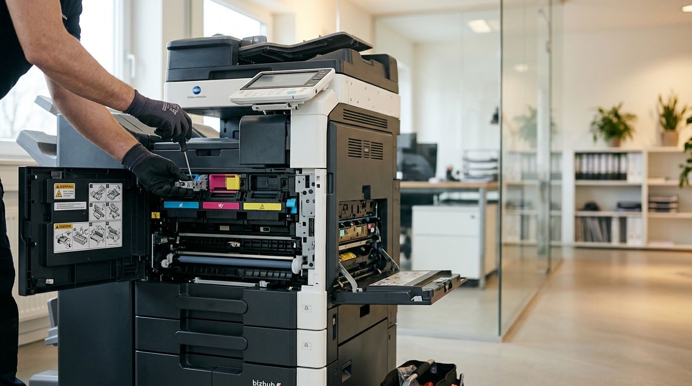 A technician inspecting a Konica Minolta copier.