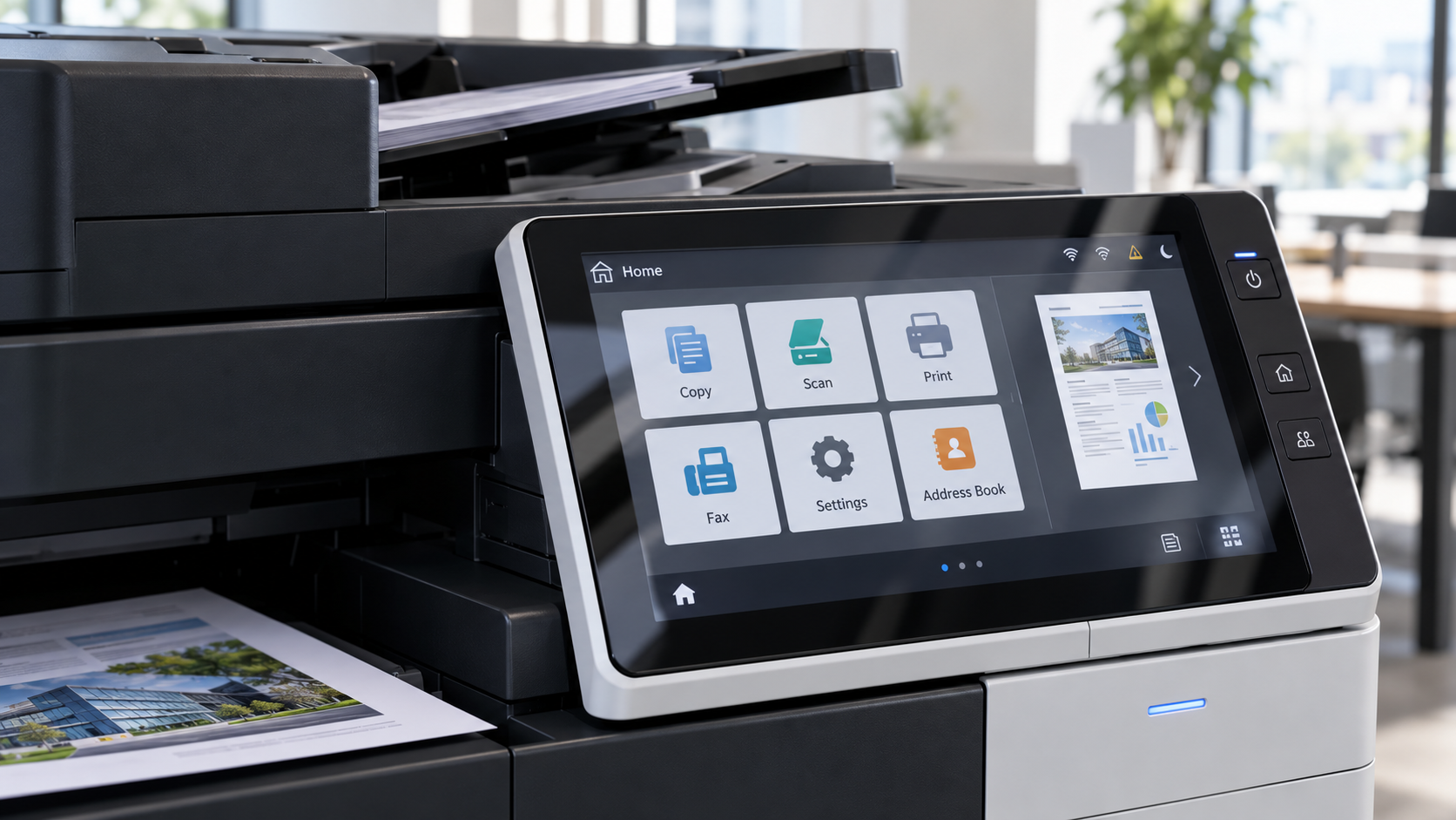 Office printer with touchscreen control panel and paper output tray on the left