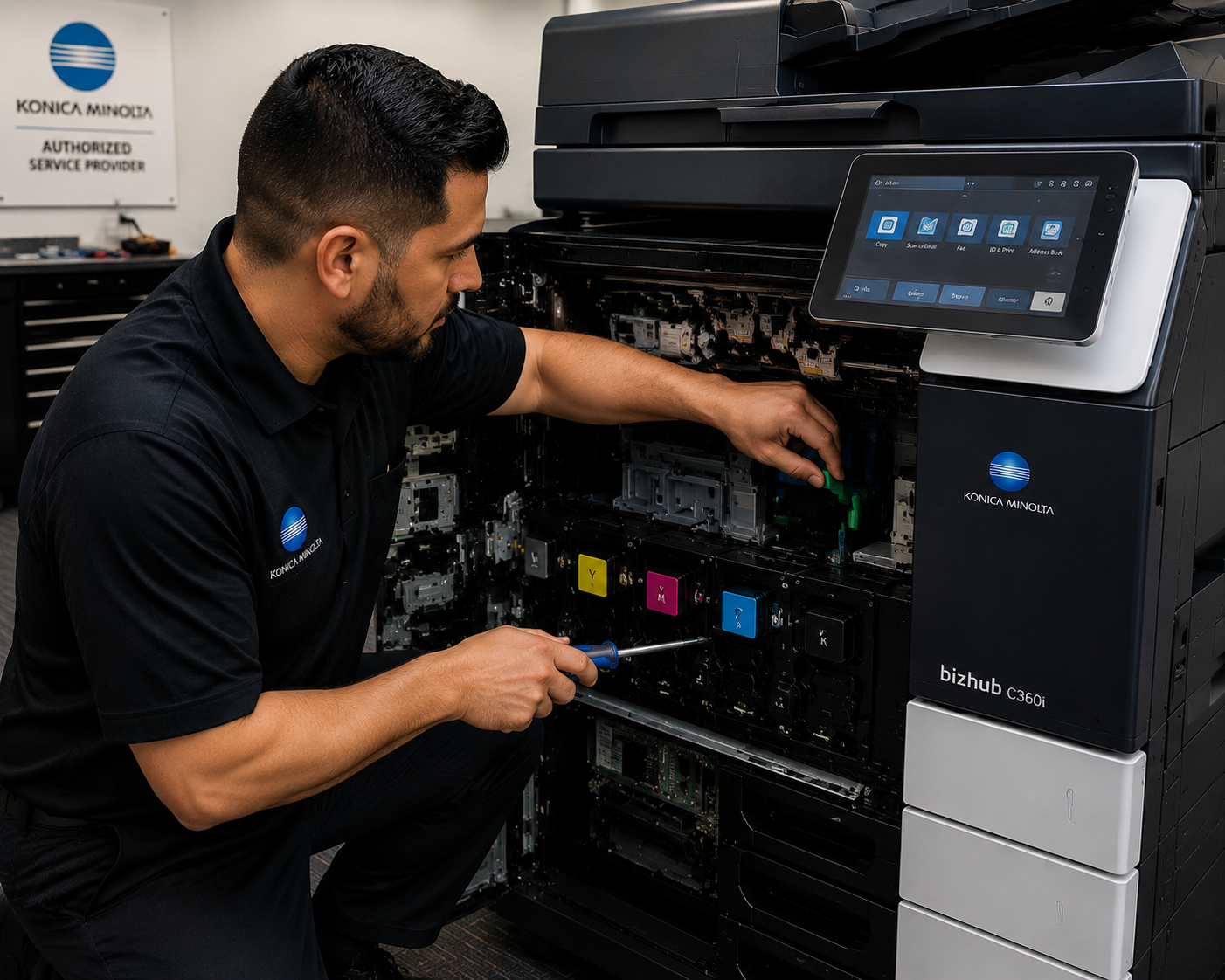 Copier service technician repairing Konica copier