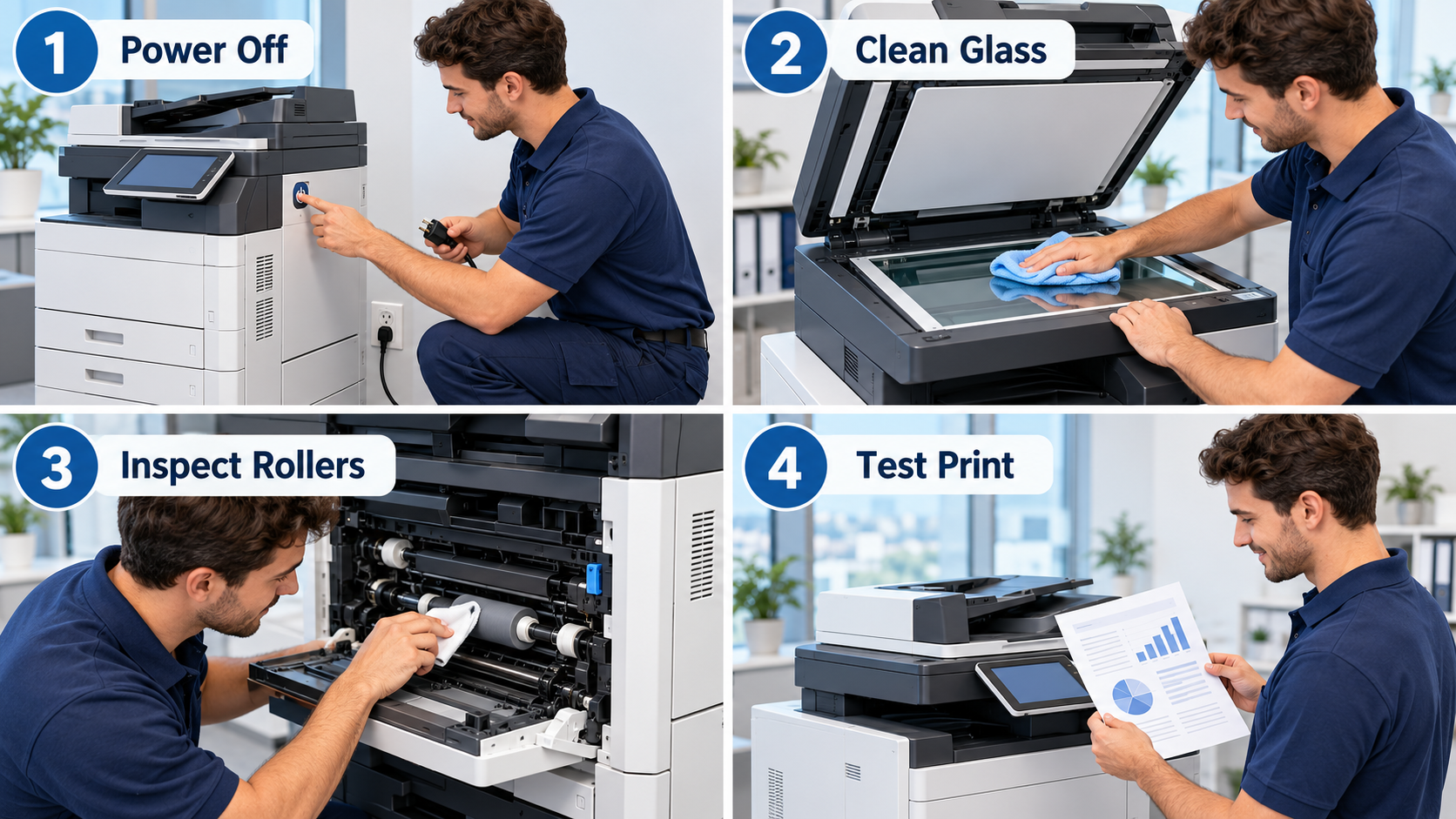 Steps to clean and test a printer: power off, clean glass, check rollers, then print a test page
