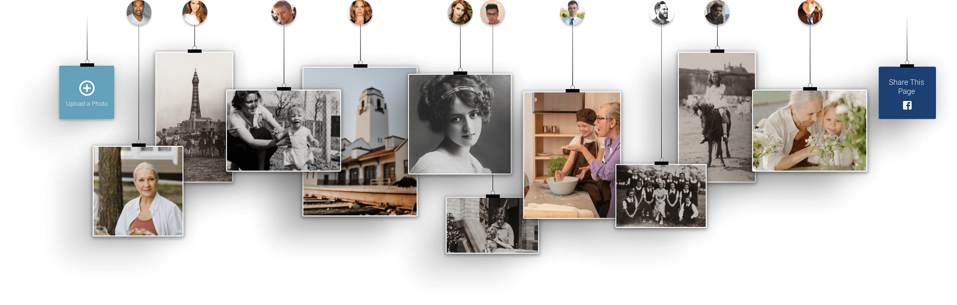 Collage of framed family photos and portraits hanging on a white wall with decorative lights
