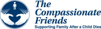 Logo for The Compassionate Friends, blue circular emblem with hands and child icon, text “Supporting Family After a Child Dies”