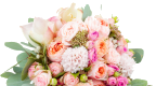 Pink and white flower bouquet with green leaves, arranged in a soft pastel style