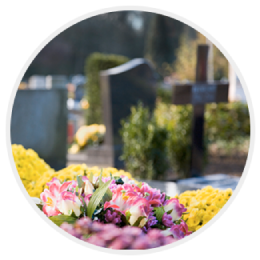 Colorful flowers in the foreground of a blurred cemetery with gravestones in the background