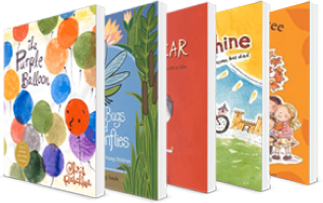 Five colorful children's books standing upright in a row on a white background