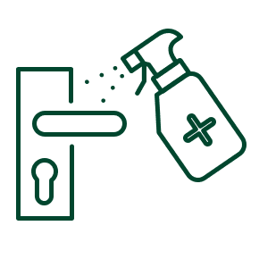 Green outline icon of a hand sanitizer bottle spraying onto a door handle and keyhole