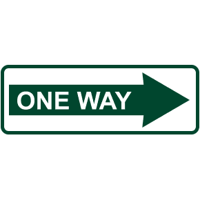 One-way traffic sign with green arrow pointing right and “ONE WAY” text