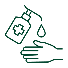 Hand sanitizer bottle dispensing a drop onto an outstretched hand icon.