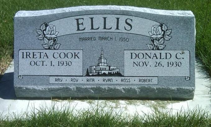 Gray gravestone marked “ELLIS” with two names and dates in a grassy cemetery.
