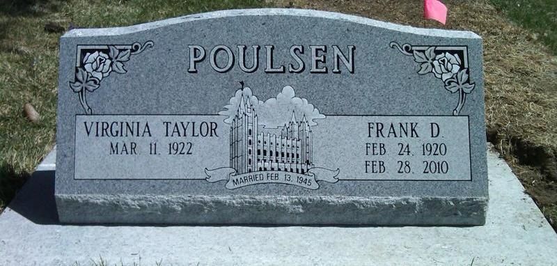 Gray Poulsen gravestone with engraved names Virginia Taylor and Frank D. Poulsen, and a church illustration.