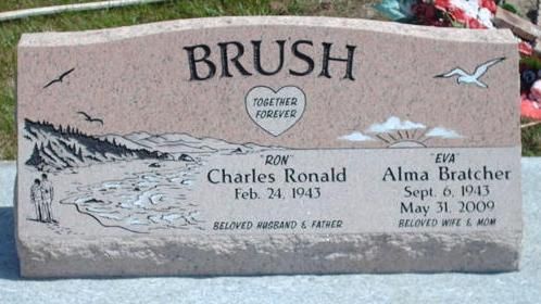 BRUSH family gravestone with engraved names, dates, and a dove in a cemetery setting