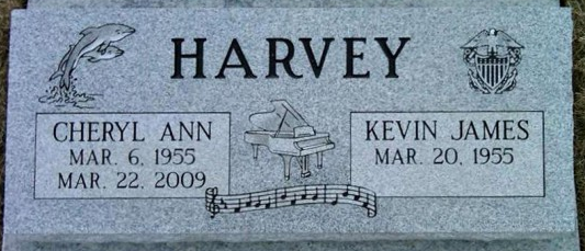Gray granite gravestone with HARVEY and plaques for Cheryl Ann and Kevin James