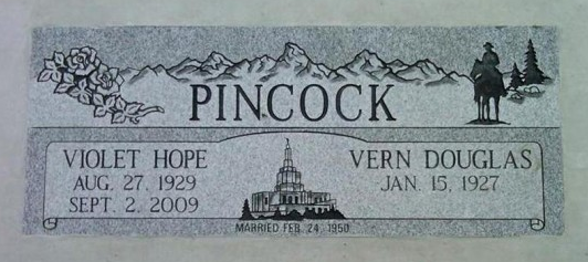 Monument-style memorial for Pincock with names Violet Hope and Vern Douglas, dates, and floral illustration