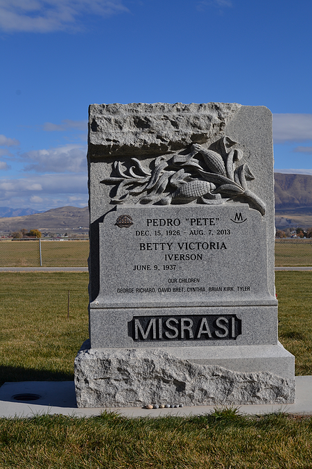 Gray stone memorial monument in a grassy field under a blue sky, with eagle relief and the name “MISRASI.”