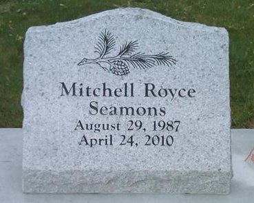 Gravestone for Mitchell Royce Seamons, with dates August 29, 1987 and April 24, 2010.