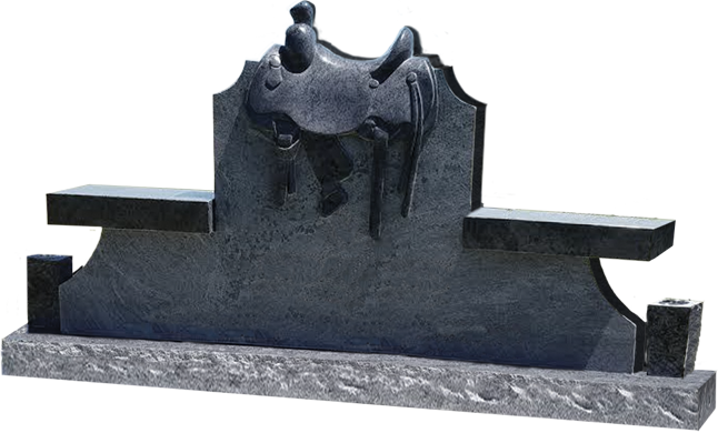 Black polished granite gravestone with a scalloped top and horizontal side extensions on a base.