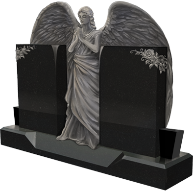 Gray angel statue centered between two black gravestones on a black memorial base.
