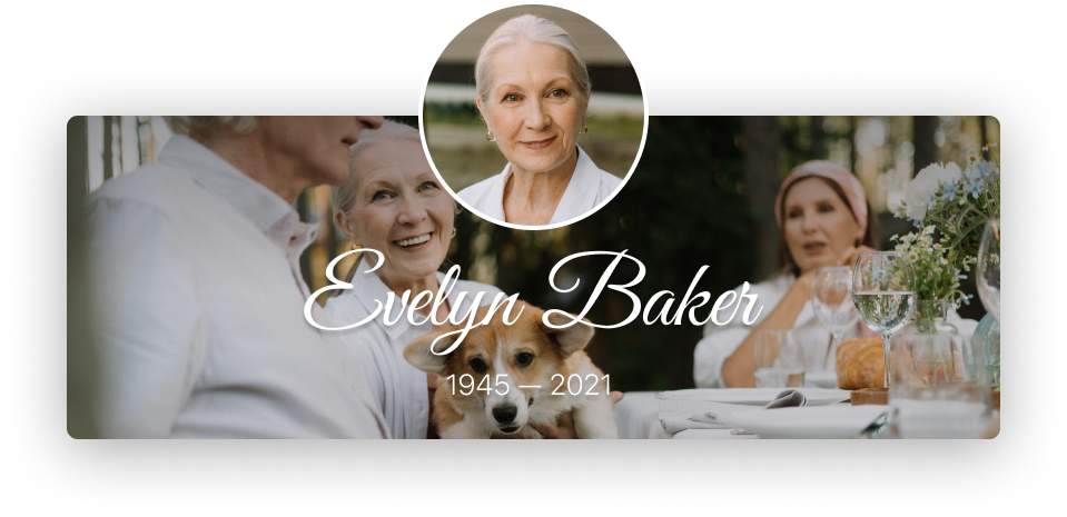Memorial collage with portrait of Evelyn Baker and three wedding photos with floral background, 1944–2022